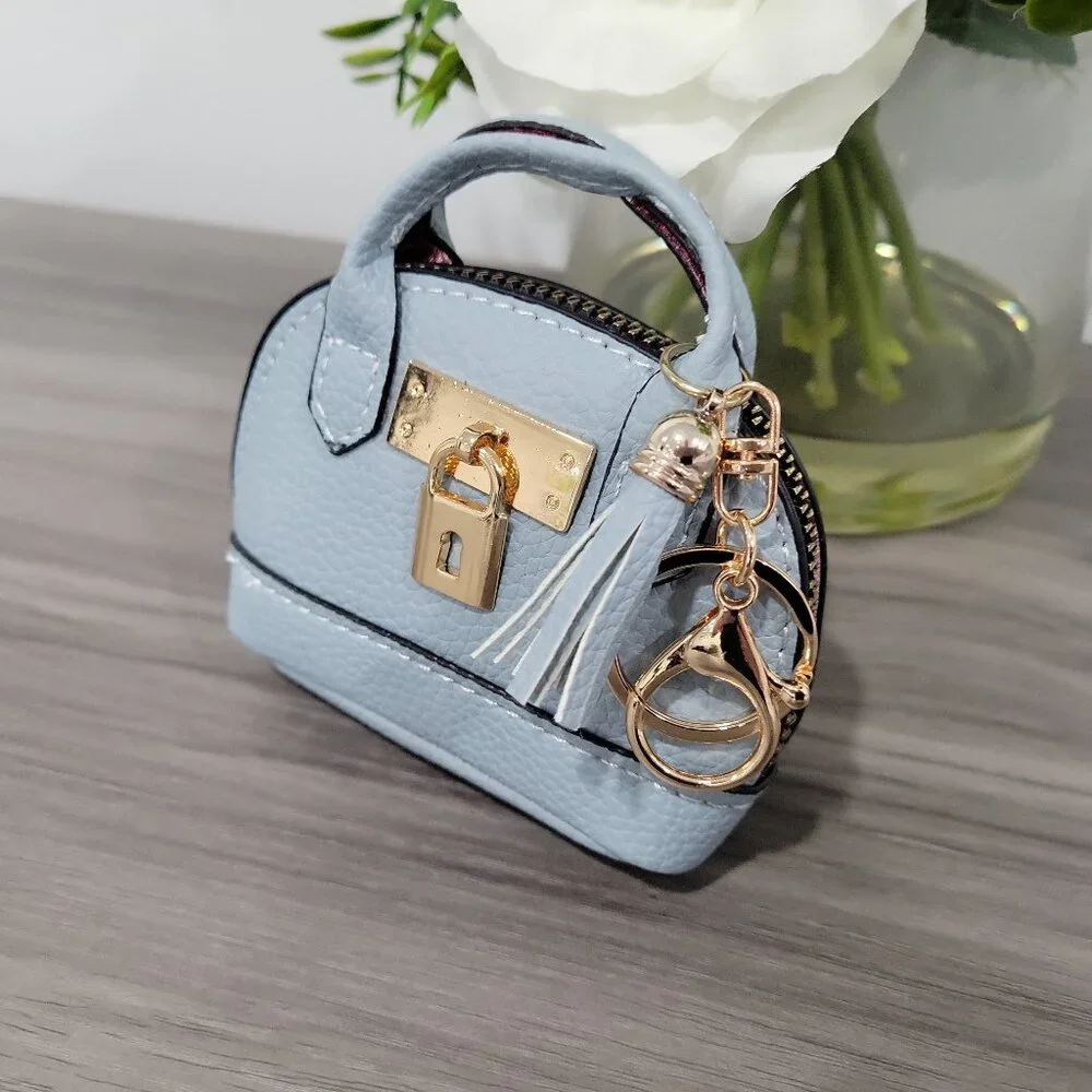 Baby Blue Mini Coin Purse Keychain Wallet AirPods Holder Bag Charm Tassel - Picture 5 of 7